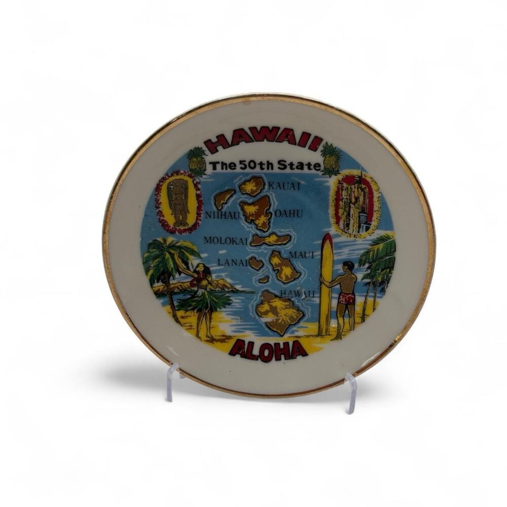 Vintage Hawaii The 50th State Souvenir Dish Plate Islands Map Aloha - Picture 1 of 6